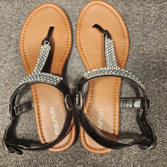 MAURICES Black Thong Crystal Silver Detail Ankle Strap Sandals Womens 8.5 or 9 - Picture 6 of 12
